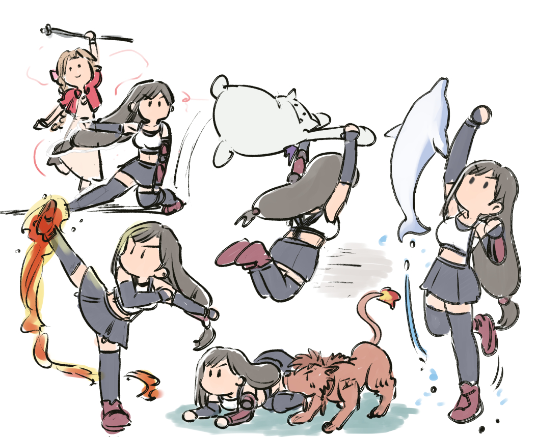 2boys 2girls aerith_gainsborough all_fours animal bare_shoulders black_gloves black_skirt black_thighhighs boots breasts brown_footwear brown_hair chibi clenched_hands creature crop_top dolphin dress elbow_gloves fighting_stance final_fantasy final_fantasy_vii final_fantasy_vii_rebirth final_fantasy_vii_remake flame-tipped_tail flaming_leg furrowed_brow gloves hair_ribbon hair_tubes high_kick holding holding_staff jacket jumping kicking long_dress long_hair low-tied_long_hair medium_breasts midriff miniskirt moogle multiple_boys multiple_girls orange_fur parted_bangs pink_dress pink_ribbon red_hair red_jacket red_xiii ribbon shirt short_sleeves sketch skirt sleeveless sleeveless_shirt staff standing standing_on_one_leg suspenders thighhighs tifa_lockhart tsubobot uppercut white_background white_shirt