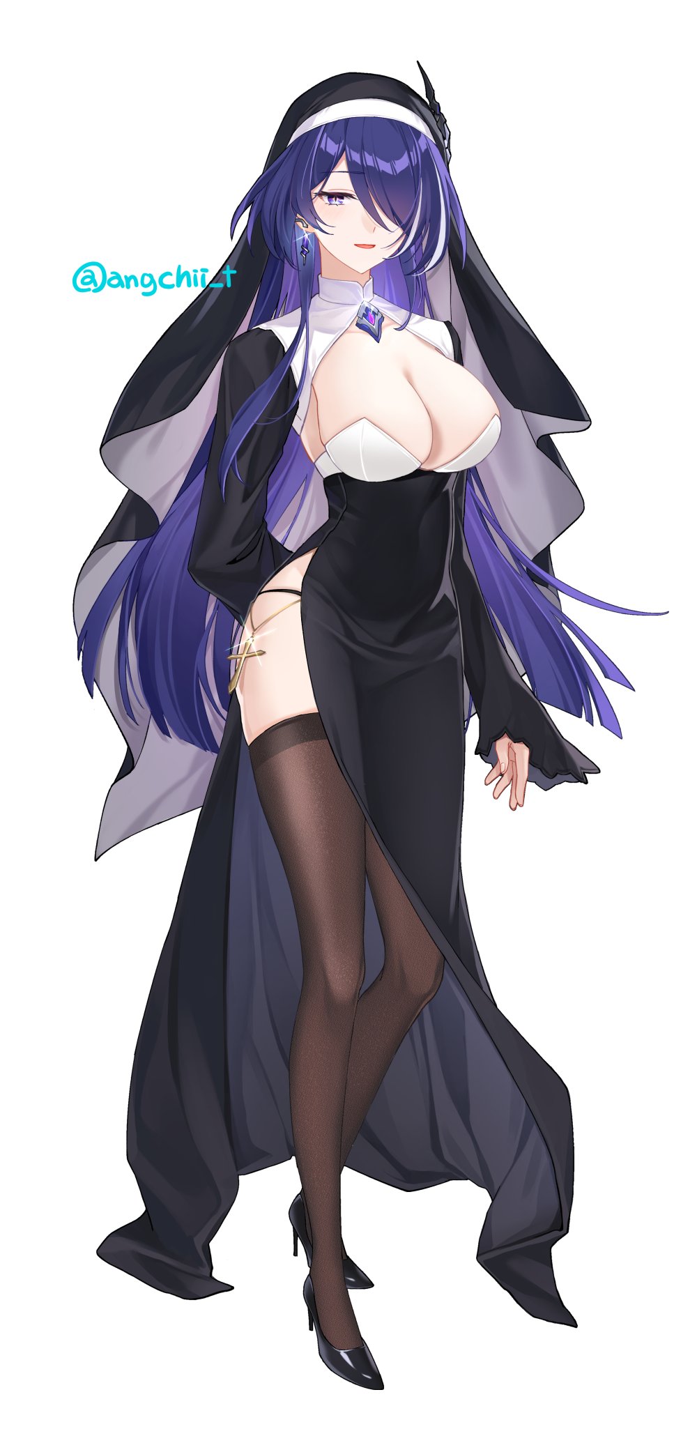 1girl acheron_(honkai:_star_rail) angchi artist_name breasts cleavage cross earrings hair_ornament hair_over_one_eye high_heels highres hip_vent honkai:_star_rail honkai_(series) jewelry large_breasts latin_cross light_blush light_smile long_hair long_sleeves looking_at_viewer nun purple_eyes purple_hair thighhighs thighs traditional_nun twitter_username very_long_hair