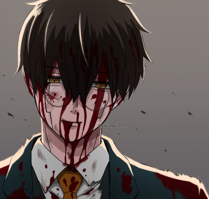 1boy black_hair blood closed_mouth collared_shirt facial_mark glasses jacket mashle nasiinasii0707 necktie orange_necktie orter_madl round_eyewear shirt short_hair solo upper_body white_shirt yellow_eyes