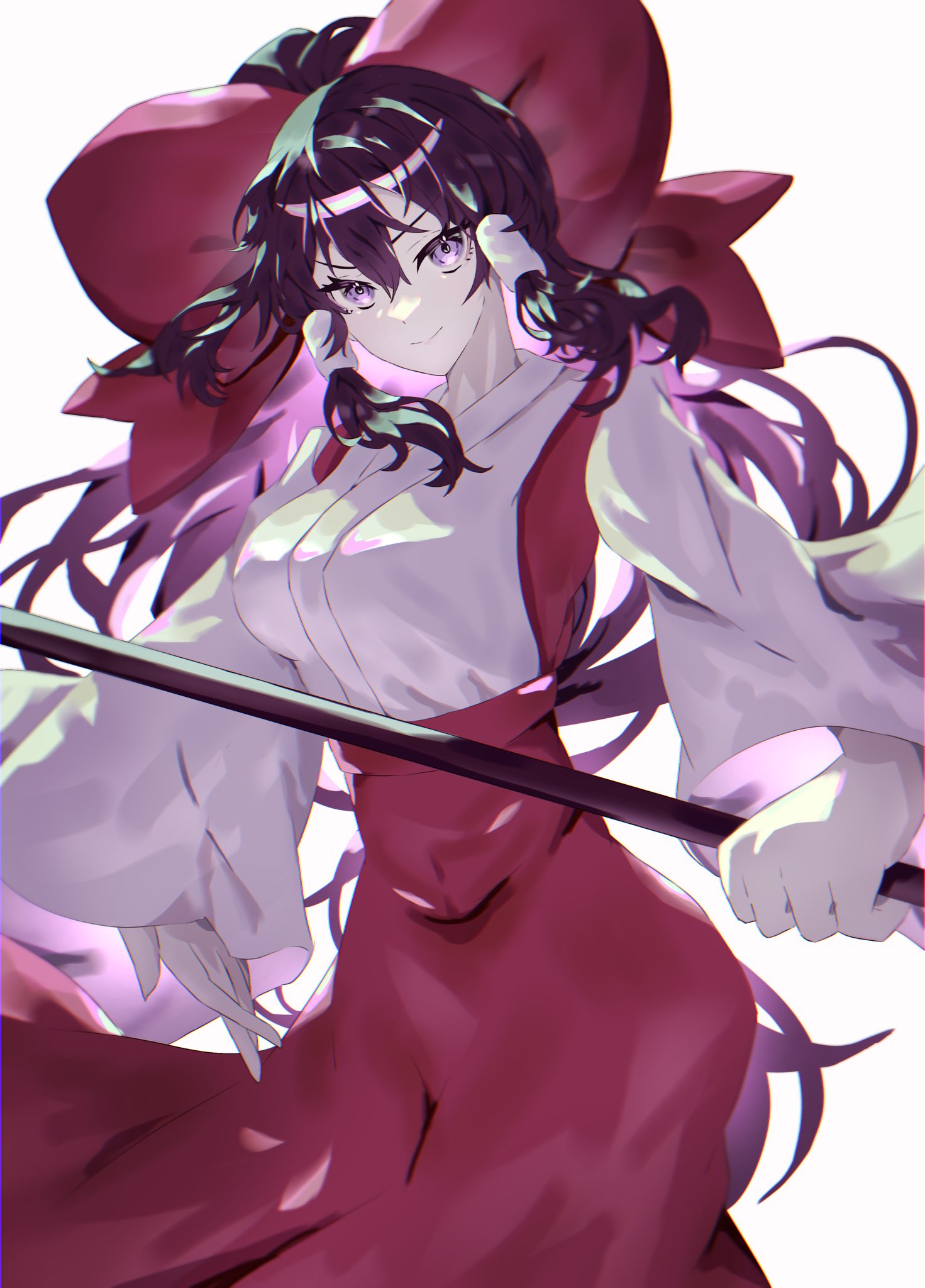 bow dax5f98duyq6wn4 gohei hair_bow hair_tubes hakurei_reimu hakurei_reimu_(pc-98) highres holding japanese_clothes kimono long_hair long_sleeves miko purple_eyes purple_hair red_bow red_vest skirt smile touhou touhou_(pc-98) vest wide_sleeves