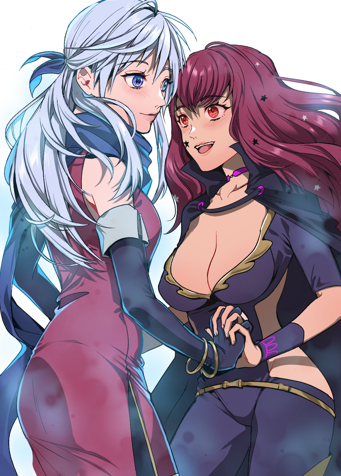 2girls belt black_cape black_gloves blue_scarf bodysuit cape choker clothing_cutout dress elbow_gloves facial_mark fingerless_gloves fire_emblem fire_emblem:_radiant_dawn fire_emblem_engage gloves gold_belt grey_hair hair_ornament highres micaiah_(fire_emblem) multicolored_cape multicolored_clothes multiple_girls pink_choker purple_bodysuit scarf side_cutout side_slit sleeveless sleeveless_dress star_(symbol) star_facial_mark star_hair_ornament tsuko_(25mnts) two-tone_cape yellow_belt yunaka_(fire_emblem)