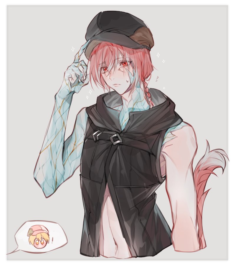 1boy 1other adjusting_hair animal_ears black_vest blush border cabbie_hat cat_ears cat_tail closed_mouth cropped_torso crystal_exarch embarrassed final_fantasy final_fantasy_xiv flying_sweatdrops g'raha_tia grey_background hat male_focus material_growth navel red_eyes red_hair simple_background solo_focus sparkle tail tladpwl03 upper_body vest warrior_of_light_(ff14) white_border