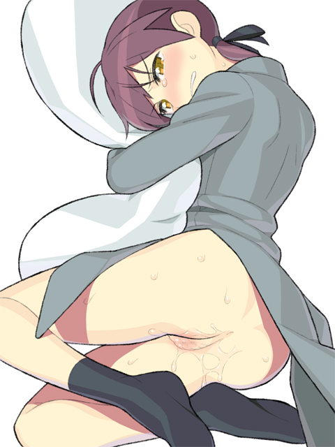 ass blush brown_eyes gertrud_barkhorn itsumo_nokoru pillow pillow_hug pussy pussy_juice socks solo strike_witches tears world_witches_series