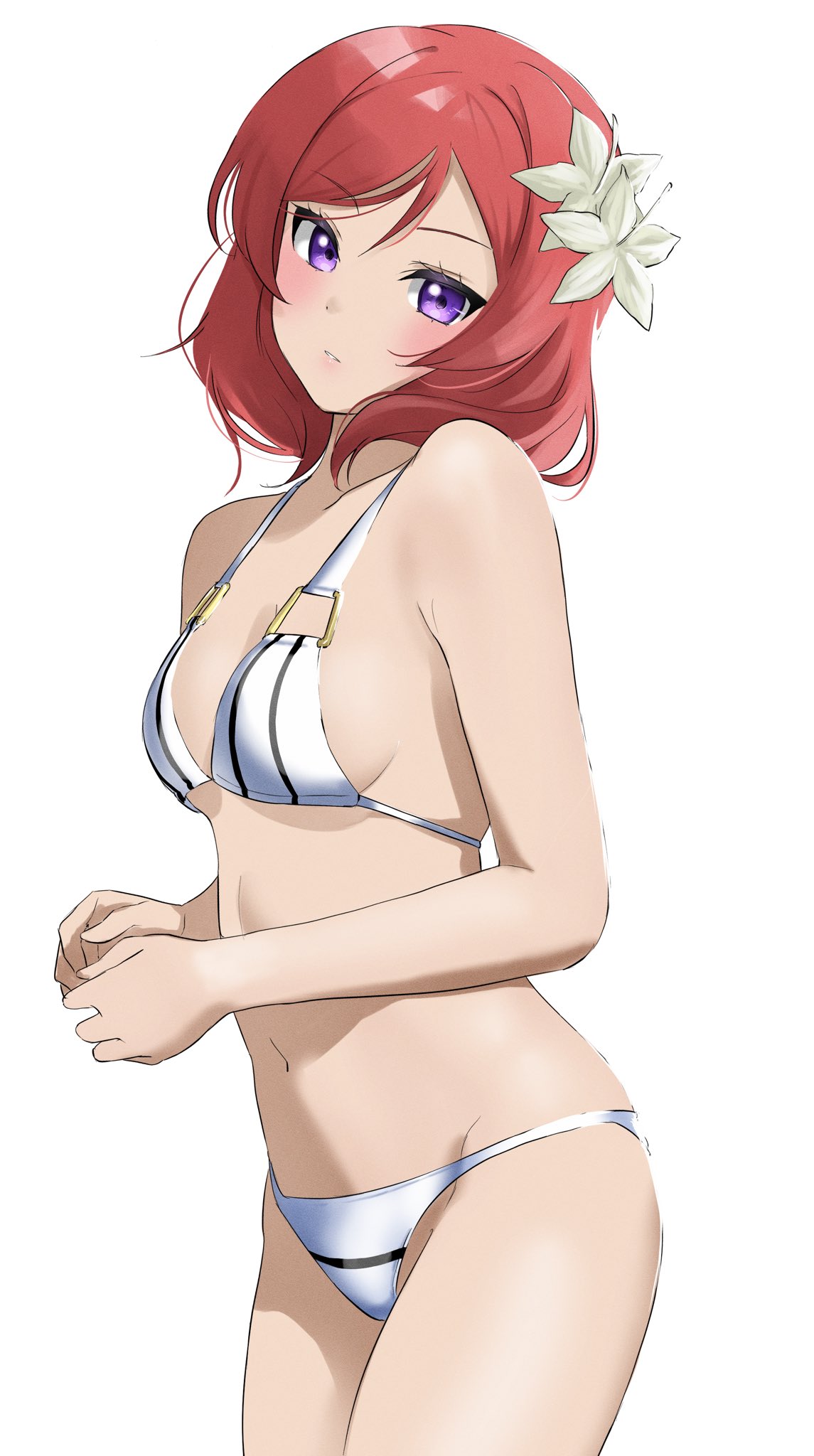 1girl bare_shoulders bikini breasts cleavage closed_mouth collarbone commentary_request flower groin hair_flower hair_ornament hanamaruyama628 highres looking_at_viewer love_live! love_live!_school_idol_project medium_hair midriff navel nishikino_maki parted_lips purple_eyes red_hair small_breasts solo standing swept_bangs swimsuit upper_body white_background white_bikini
