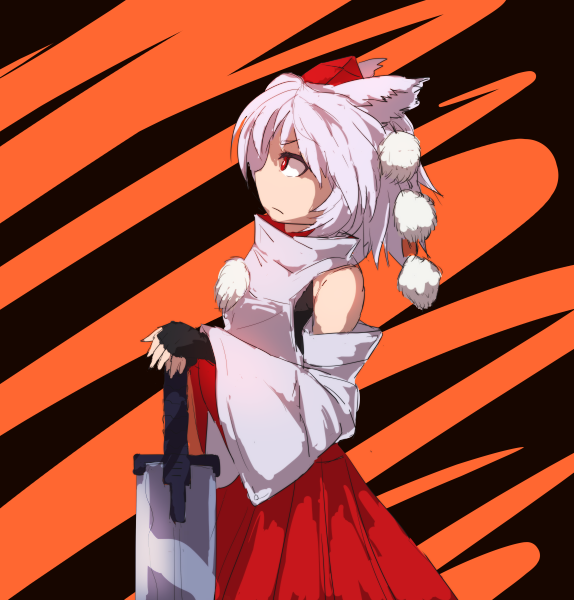 1girl animal_ears bare_shoulders breasts clip_studio_paint_(medium) closed_mouth cowboy_shot fingerless_gloves from_side gloves hat holding holding_sword holding_weapon inubashiri_momiji medium_breasts medium_hair pom_pom_(clothes) red_eyes red_hat red_skirt samezuma_jouji shirt skirt solo sword tokin_hat touhou weapon white_hair white_shirt wolf_ears wolf_girl