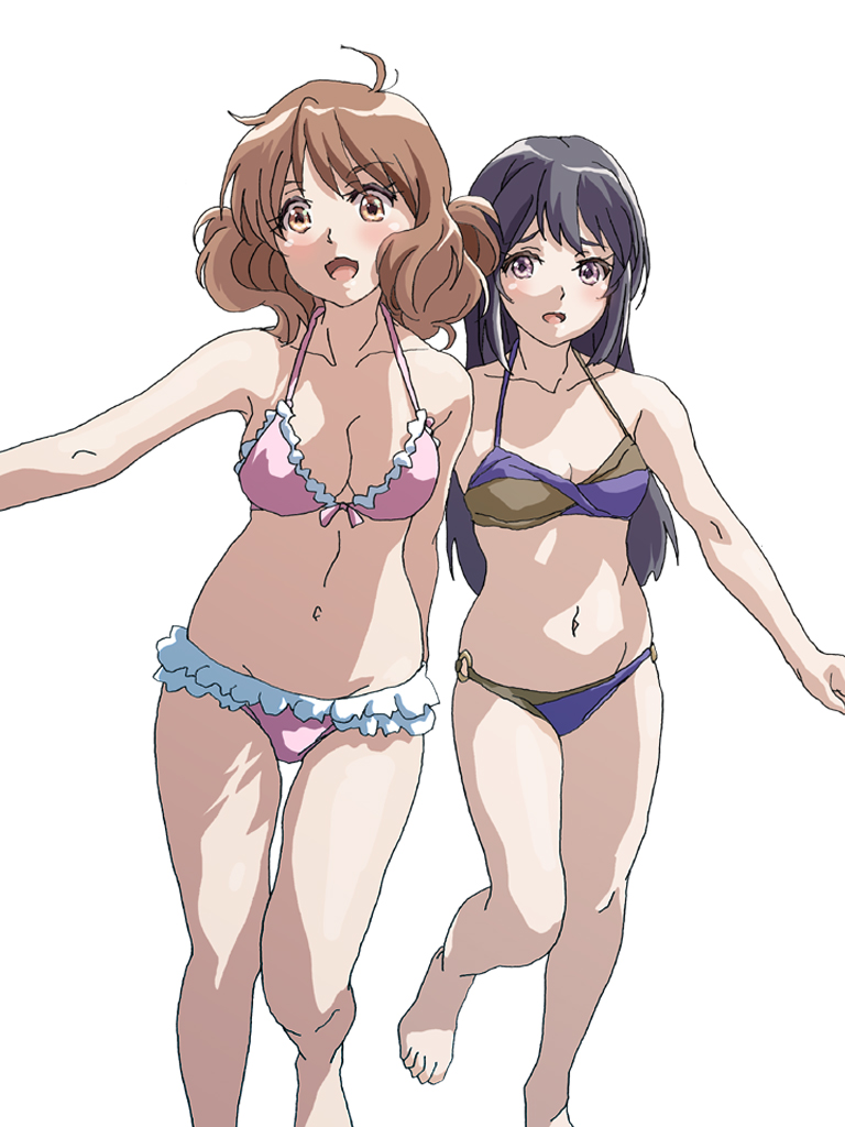 2girls ahoge barefoot bikini black_hair breasts brown_eyes brown_hair cleavage commentary_request feet_out_of_frame frilled_bikini frills hal-py hibike!_euphonium kousaka_reina long_hair medium_breasts multiple_girls navel o-ring o-ring_bottom oumae_kumiko pink_bikini purple_eyes short_hair simple_background swimsuit two-tone_bikini white_background