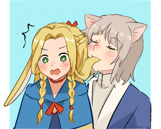 2girls animal_ears biting blonde_hair blue_background blue_robe blush braid bright_pupils cat_ears closed_eyes commentary dungeon_meshi ear_biting falin_touden falin_touden_(tallman) green_eyes grey_hair grey_shirt kemonomimi_mode lisedraw long_hair marcille_donato multiple_girls open_mouth rabbit_ears robe shirt short_hair simple_background surprised twin_braids upper_body white_pupils yuri