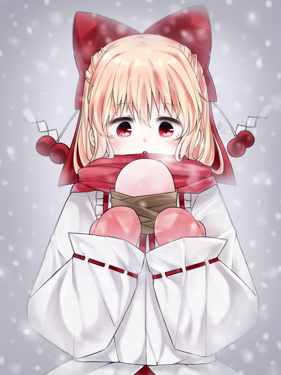 1girl :o blonde_hair bow commentary_request hair_bow highres holding long_sleeves mittens open_mouth outdoors pink_mittens puffy_sleeves red_bow red_eyes red_scarf red_skirt ribbon-trimmed_sleeves ribbon_trim satsuki_rin scarf shirt short_hair skirt snowing soooooook2 touhou white_shirt