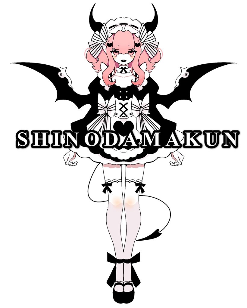 1girl apron artist_name black_bow black_bowtie black_dress black_footwear black_horns black_sleeves black_tail black_wings bow bow_legwear bowtie chinese_commentary choker collarbone commentary_request cross-laced_apron demon_girl demon_horns demon_tail demon_wings dress dress_bow eyelashes frilled_apron frilled_dress frilled_hairband frilled_sleeves frills full_body hair_between_eyes hair_bow hair_ornament hairband heart heart_hair_ornament heart_print horns juliet_sleeves knees long_sleeves looking_at_viewer maid maid_headdress makunqaq mary_janes medium_hair open_mouth original pink_eyes pink_hair pointy_ears puffy_sleeves ribbon-trimmed_apron ribbon-trimmed_hairband ribbon_trim shoes short_dress sidelocks simple_background smile solo straight-on striped_bow tail teeth thighhighs upper_teeth_only watermark white_apron white_background white_bow white_choker white_hairband white_thighhighs wings