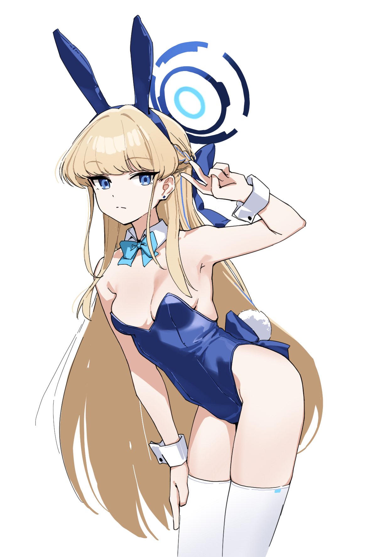 1girl animal_ears aqua_bow aqua_bowtie bare_shoulders blonde_hair blue_archive blue_eyes blue_hair blue_hairband blue_halo blue_leotard blue_ribbon bow bowtie breasts detached_collar earrings expressionless fake_animal_ears fake_tail fried_bocky from_side hair_ribbon hairband halo hand_on_own_thigh hand_up highleg highleg_leotard highres jewelry leaning_forward leotard long_hair looking_at_viewer looking_to_the_side medium_breasts multicolored_hair official_alternate_costume playboy_bunny rabbit_ears rabbit_tail ribbon sideways_glance simple_background solo strapless strapless_leotard streaked_hair tail thighhighs thighs toki_(blue_archive) toki_(bunny)_(blue_archive) v white_background white_thighhighs white_wrist_cuffs wrist_cuffs