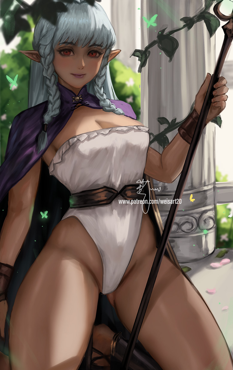1girl blush braid branch breasts bug butterfly cleavage cloak dark-skinned_female dark_elf dark_skin elf english_commentary eyelashes highleg highleg_leotard highres holding holding_staff kneeling leaf leotard light_particles long_hair looking_at_viewer medium_breasts outdoors patreon_username petals pillar pink_lips pointy_ears purple_cloak red_eyes rosalinde_(unicorn_overlord) sidelighting signature smile solo staff strapless unicorn_overlord very_long_hair wei_(promise_0820) white_leotard