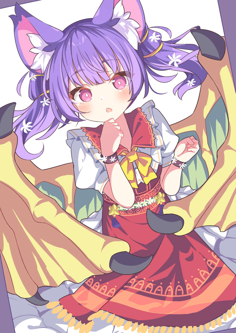 1girl :o animal_ear_fluff animal_ears apron blush bow collared_shirt commission daidai_ookami flower fringe_trim green_wings hair_flower hair_ornament hands_up highres long_hair looking_at_viewer original parted_lips pink_eyes puffy_short_sleeves puffy_sleeves purple_hair red_apron shirt short_sleeves skeb_commission skirt solo white_flower white_shirt white_skirt wings yellow_bow