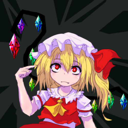 1girl ascot blonde_hair clip_studio_paint_(medium) closed_mouth cowboy_shot crystal flandre_scarlet grey_background hair_between_eyes hat looking_at_viewer lowres mob_cap multicolored_wings one_side_up pointing pointing_at_self puffy_short_sleeves puffy_sleeves red_eyes red_ribbon red_skirt red_vest ribbon samezuma_jouji shirt short_sleeves simple_background skirt sleeve_ribbon solo touhou vest white_hat white_shirt wings yellow_ascot