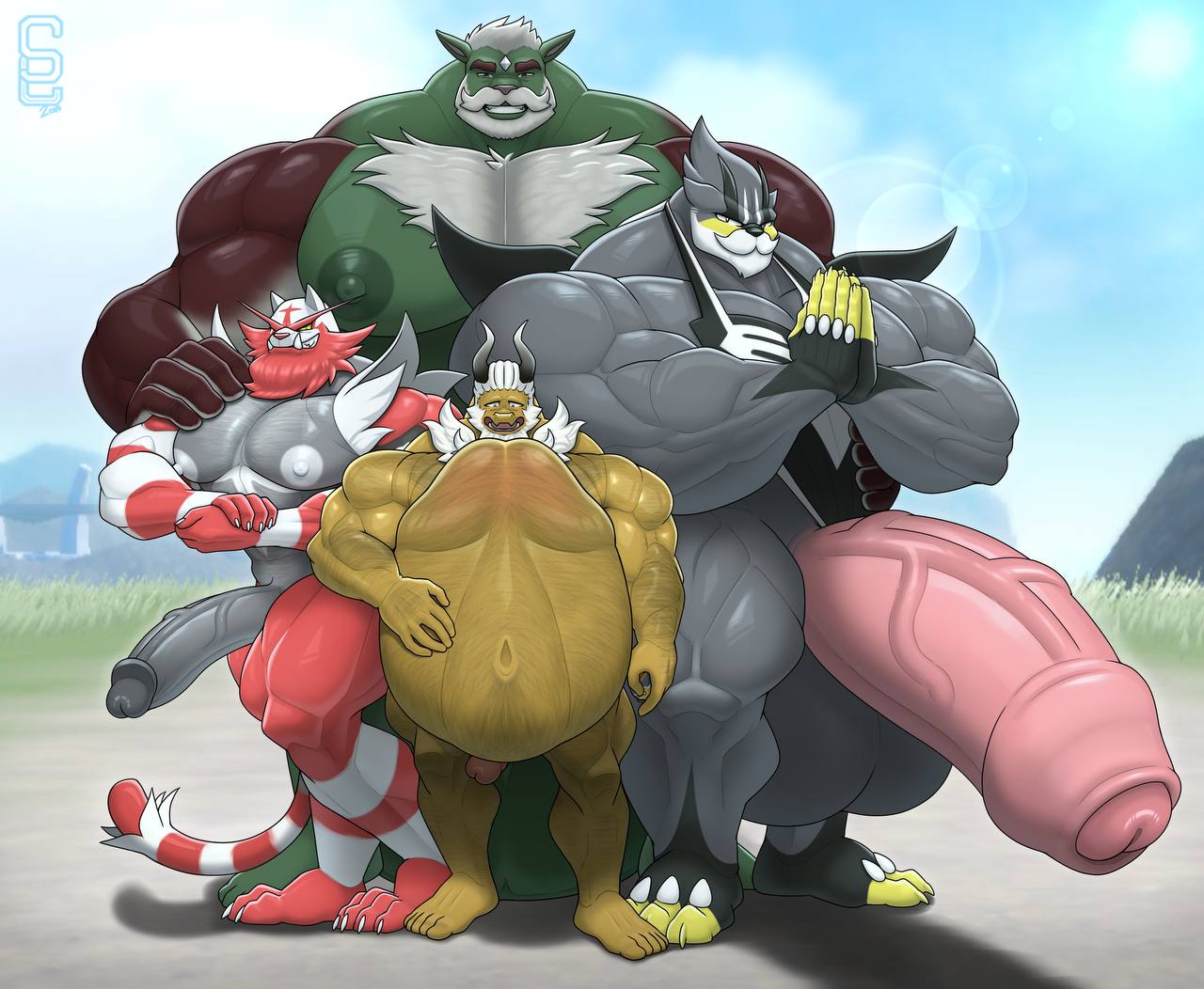 2024 anthro anthrofied belly belly_expansion big_muscles big_penis biped chesnaught digital_drawing_(artwork) digital_media_(artwork) expansion fan_character generation_6_pokemon generation_7_pokemon generation_8_pokemon genitals group huge_penis hyper hyper_genitalia hyper_penis incineroar legendary_pokemon male male/male muscular muscular_anthro muscular_male nintendo nude nude_anthro nude_male outside penis pokemon pokemon_(species) pokemorph shiny_pokemon signature solard0gg0 standing urshifu