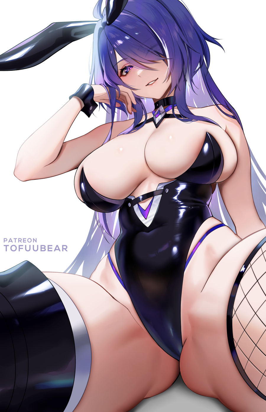 1girl acheron_(honkai:_star_rail) animal_ears bare_arms bare_shoulders black_leotard breasts commentary fake_animal_ears fishnets grin highres honkai:_star_rail honkai_(series) large_breasts leotard looking_at_viewer playboy_bunny purple_eyes purple_hair rabbit_ears simple_background sitting smile solo thighs tofuubear white_background wrist_cuffs