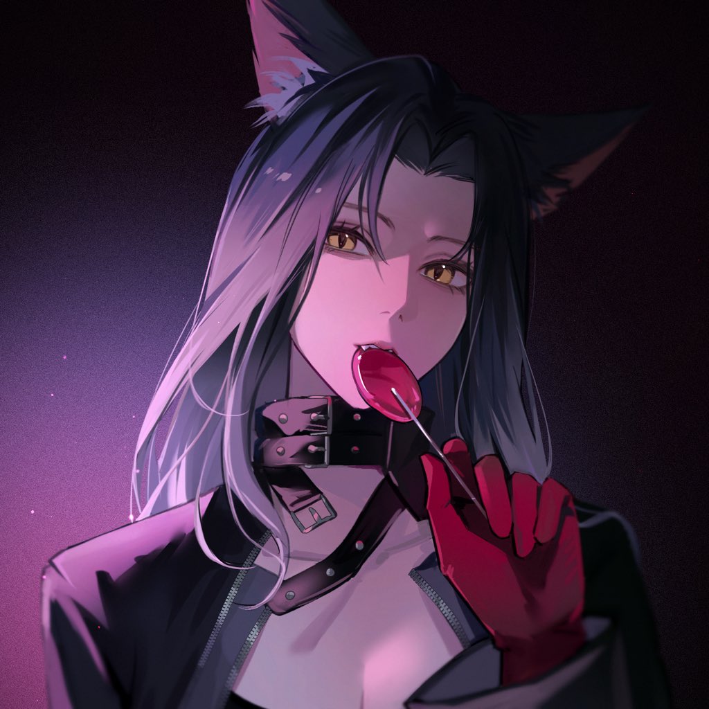1girl angell_(path_to_nowhere) animal_ears black_background black_jacket breasts candy cat_ears cellphone cleavage collar commentary fang food food_in_mouth gloves gradient_background hand_up holding holding_candy holding_food holding_lollipop iphone jacket light_particles lollipop looking_at_viewer miix777 parted_lips path_to_nowhere phone purple_background red_gloves slit_pupils smartphone solo yellow_eyes