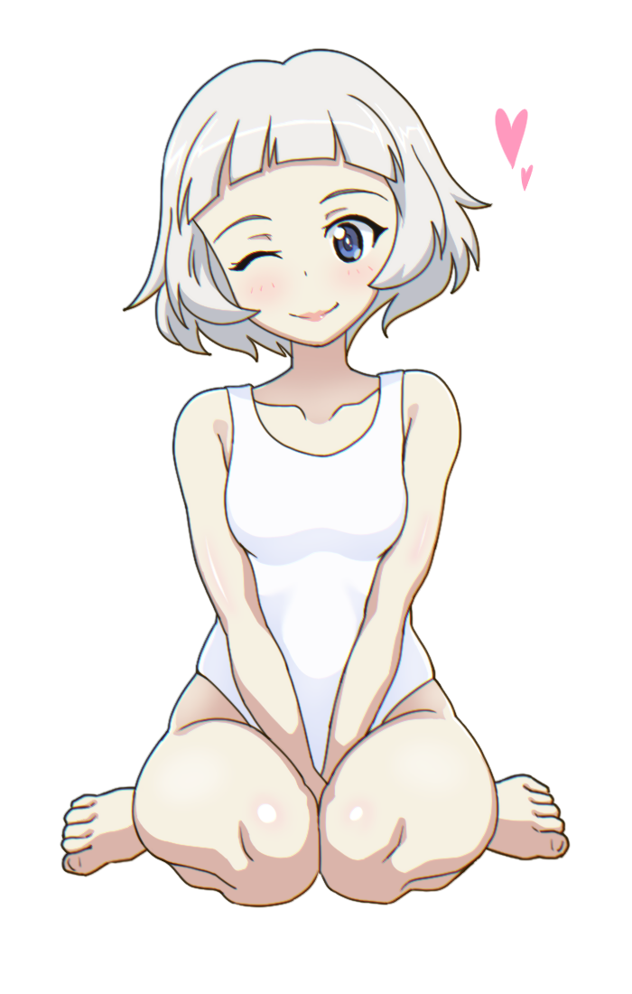 1girl between_legs blue_eyes breasts girls_und_panzer gogopaint grey_hair hand_between_legs heart lipstick makeup one-piece_swimsuit one_eye_closed simple_background sitting sophia_(girls_und_panzer) swimsuit wariza white_background white_one-piece_swimsuit