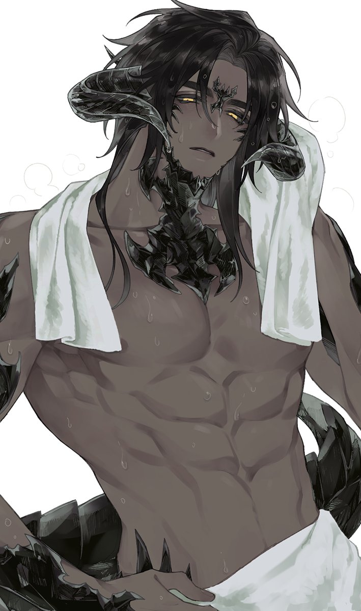 1boy 42sai abs black_hair character_request colored_sclera copyright_name copyright_request dark_skin dragon_boy dragon_horns dragon_tail grey_sclera hand_on_own_hip head_tilt highres horns light_blush looking_down male_focus medium_hair nipples parted_bangs parted_lips pectorals simple_background solo tail toned toned_male topless_male towel towel_around_neck towel_around_waist upper_body water_drop wet yellow_eyes