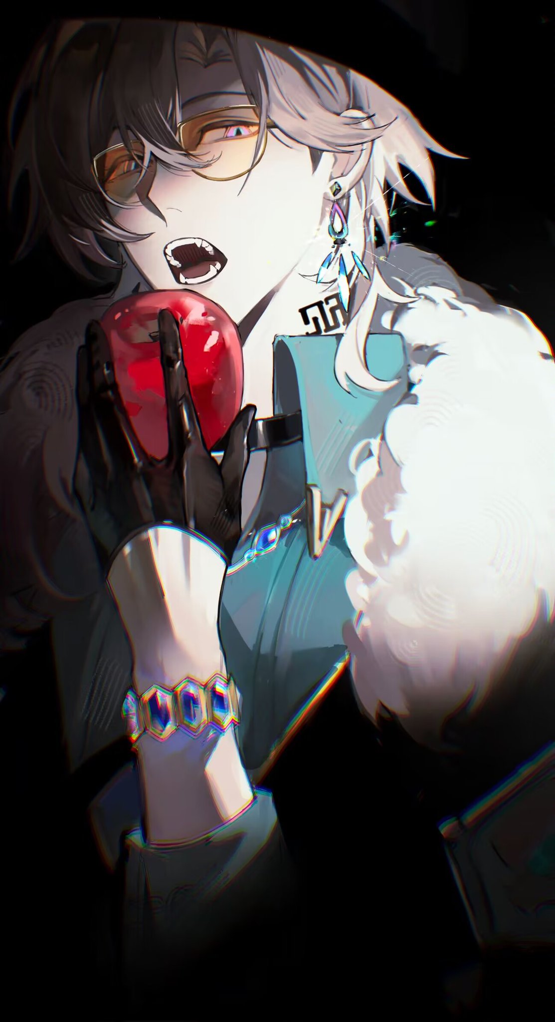 1boy apple aqua_shirt aventurine_(honkai:_star_rail) black_gloves blonde_hair bracelet collared_shirt earrings fang food fruit fur_trim gloves hair_between_eyes highres holding holding_food holding_fruit honkai:_star_rail honkai_(series) hsgbjisuw jewelry looking_at_viewer neck_tattoo open_mouth shirt short_hair solo tattoo