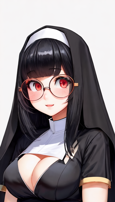 1girl ai-generated black_hair blunt_bangs breasts cleavage habit large_breasts light_smile long_hair looking_at_viewer non-web_source nun parted_lips red_eyes round_eyewear short_sleeves simple_background solo stable_diffusion upper_body white_background