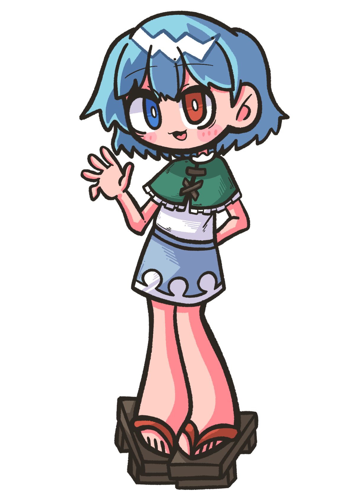 1girl arm_behind_back blue_eyes blue_hair blue_skirt bright_pupils capelet commentary_request cookie_(touhou) full_body geta green_capelet heterochromia highres looking_at_viewer medium_bangs mioto_(cookie) open_mouth pigeon-toed red_eyes shirt short_hair simple_background skirt smile solo standing sznkrs tatara_kogasa touhou waving white_background white_pupils white_shirt