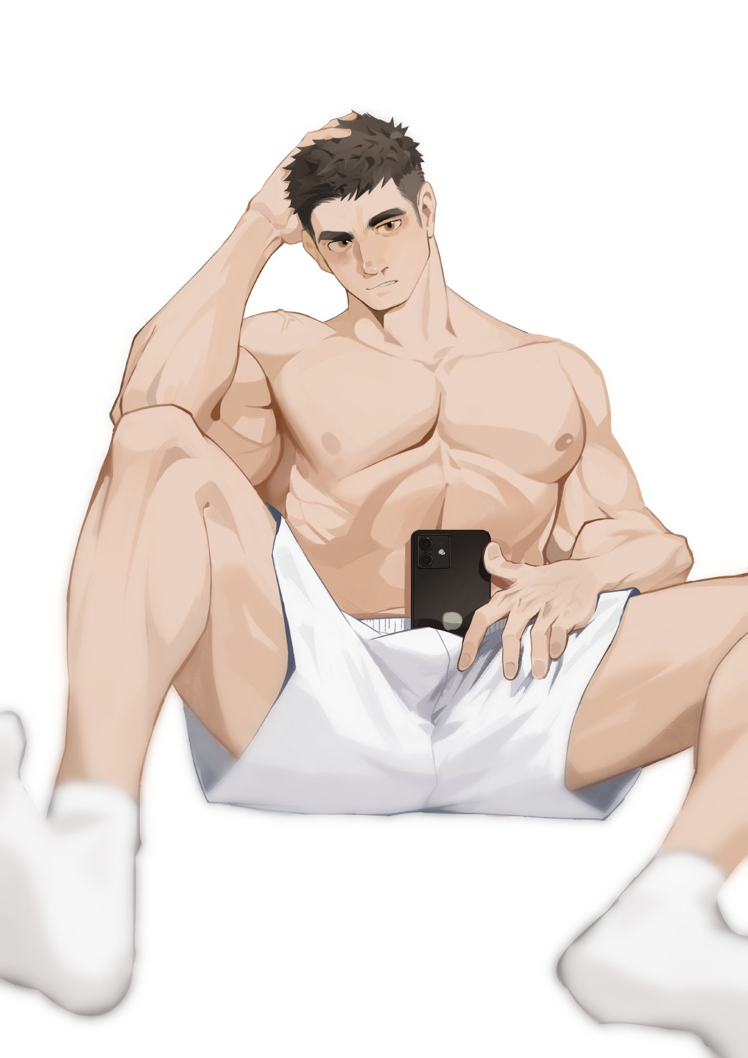 1boy abs bara black_hair brown_eyes bulge cellphone foreshortening hand_on_own_hip highres large_pectorals looking_at_viewer male_focus medium_sideburns muscular muscular_male nipples original pectorals phone selfie shao_gou_gou short_hair short_shorts shorts sideburns sitting smartphone solo spread_legs thick_eyebrows topless_male undercut