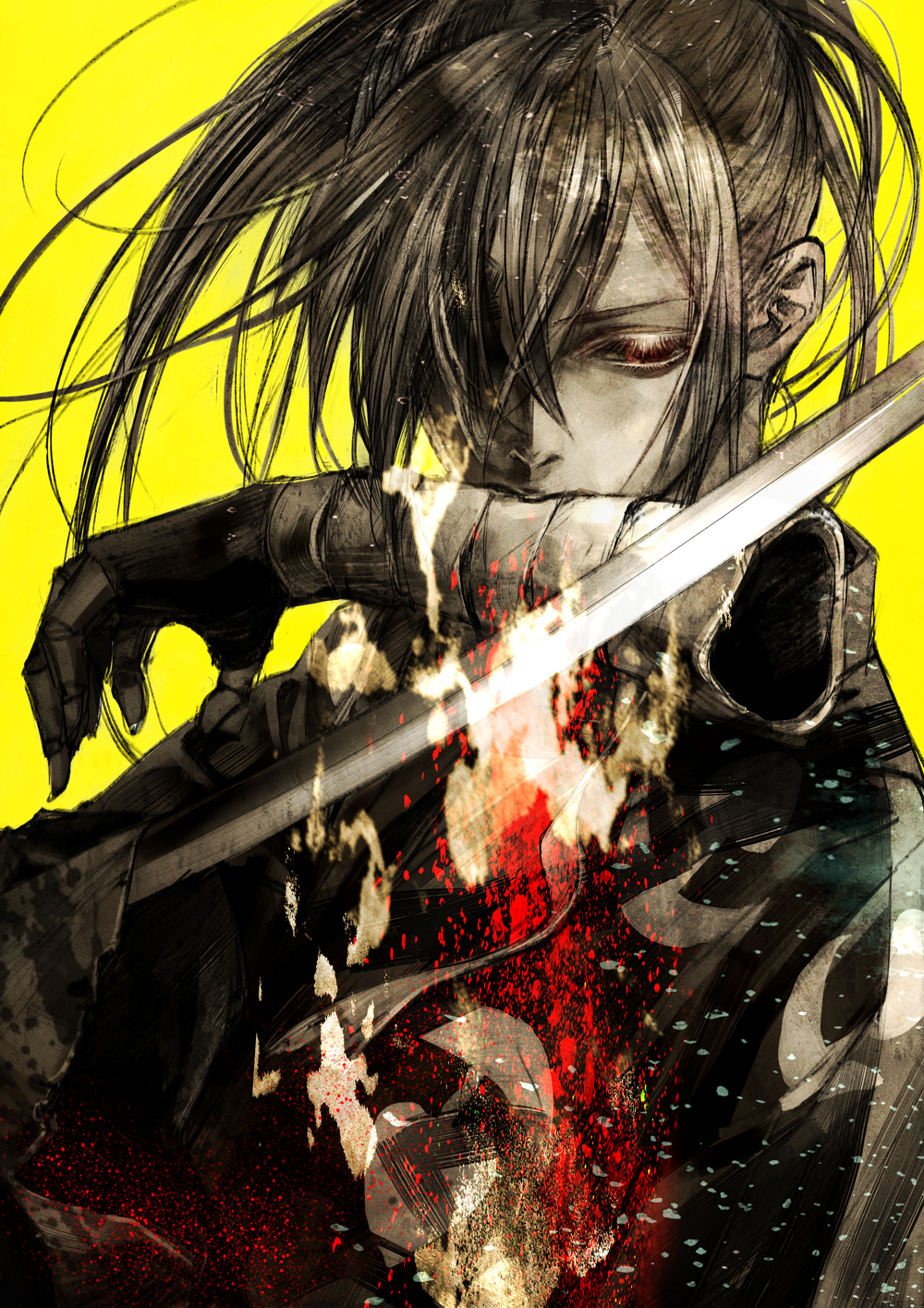 1boy bandaged_arm bandages commentary_request dororo_(tezuka) expressionless guest_art highres hyakkimaru_(dororo) japanese_clothes katana kimono kiyohara_hiro long_hair looking_down male_focus mouth_hold prosthesis prosthetic_arm prosthetic_weapon simple_background solo sword upper_body weapon yellow_background