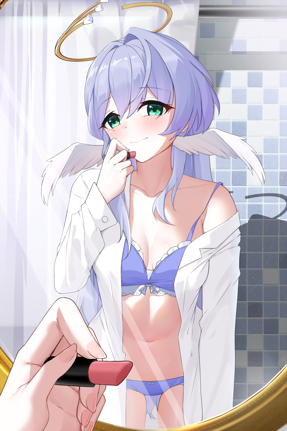 1girl blush bra commentary cosmetics green_eyes hair_intakes highres holding holding_lipstick_tube honkai:_star_rail honkai_(series) lipstick_tube long_hair looking_at_viewer mirror navel panties pov purple_bra purple_hair purple_panties reflection robin_(honkai:_star_rail) shirt single_bare_shoulder smile stomach underwear very_long_hair white_shirt zerotwenty_(020)