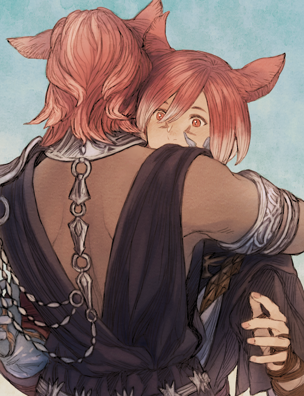 2boys animal_ears arm_wrap armlet black_robe blue_background cat_ears collar covered_mouth crystal_exarch crystallization facial_mark final_fantasy final_fantasy_xiv g'raha_tia hatching_(texture) highres hug looking_at_viewer maeka_(kumaekake) male_focus material_growth metal_collar miqo'te multiple_boys red_hair robe short_hair shoulder_blades simple_background slit_pupils surprise_hug surprised upper_body warrior_of_light_(ff14) wide-eyed
