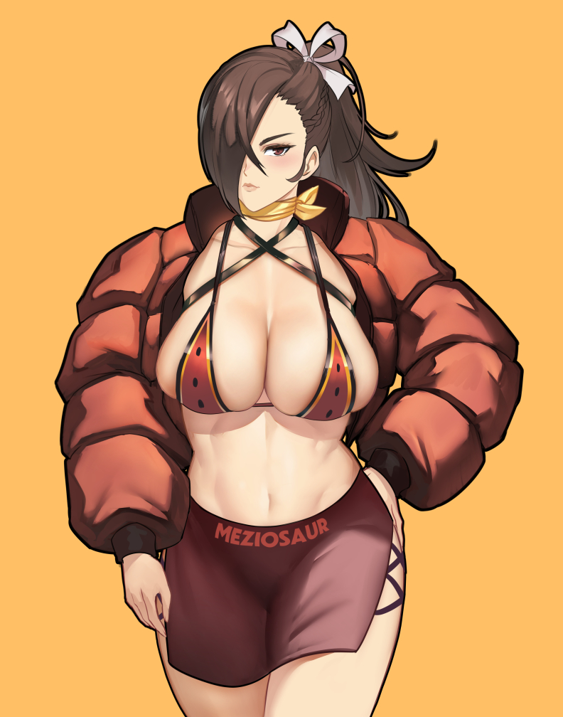 1girl artist_name bikini bikini_top_only blush breasts brown_eyes brown_hair cleavage closed_mouth collarbone commentary criss-cross_halter fire_emblem fire_emblem_fates hair_over_one_eye halterneck hand_on_own_hip jacket kagero_(fire_emblem) large_breasts lips long_hair long_sleeves looking_at_viewer meziosaur midriff navel open_clothes open_jacket orange_background ponytail simple_background skirt solo stomach swimsuit thighs