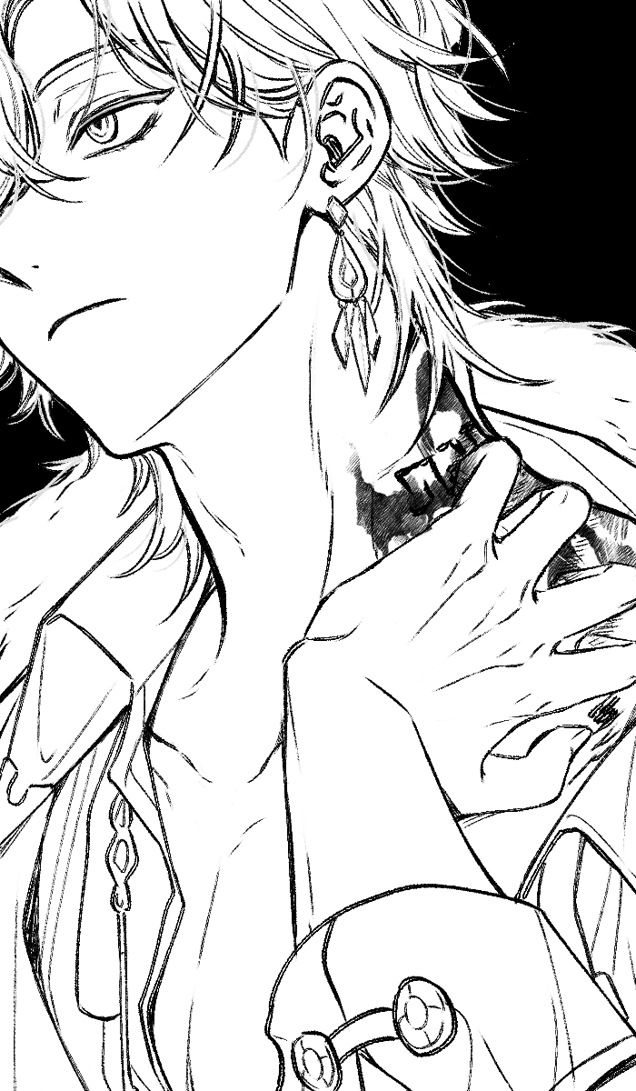 1boy aventurine_(honkai:_star_rail) blood closed_mouth collared_shirt earrings goodsoluinoon greyscale highres honkai:_star_rail honkai_(series) jewelry looking_to_the_side male_focus monochrome neck_tattoo open_clothes open_shirt shirt short_hair solo tattoo