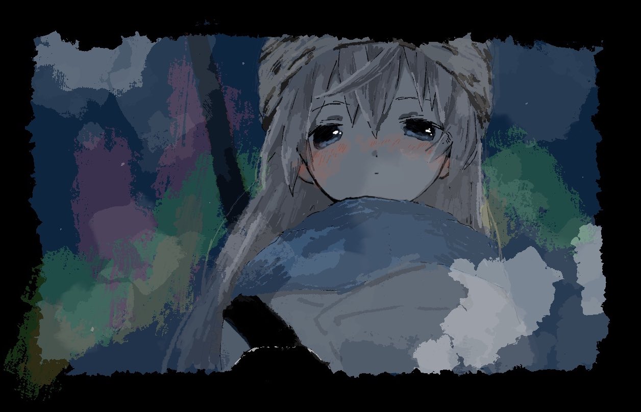 1girl abstract_background alternate_costume beanie black_border blue_background blue_eyes blue_scarf blush border closed_mouth coat commentary_request eila_ilmatar_juutilainen expressionless grey_coat grey_hair half-closed_eyes hat long_hair looking_at_viewer nose_blush osouzai-kun scarf shoulder_strap solo steam strike_witches upper_body winter_clothes world_witches_series