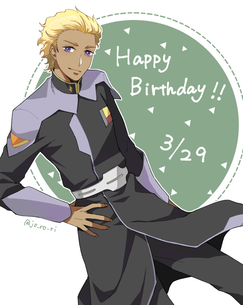 1boy black_jacket black_pants blonde_hair closed_mouth cowboy_shot dated dearka_elsman grey_jacket gundam gundam_seed hair_slicked_back hand_on_own_hip happy_birthday jacket jo_ro_ri long_sleeves looking_at_viewer male_focus multicolored_clothes multicolored_jacket pants purple_eyes short_hair solo tan twitter_username two-tone_jacket