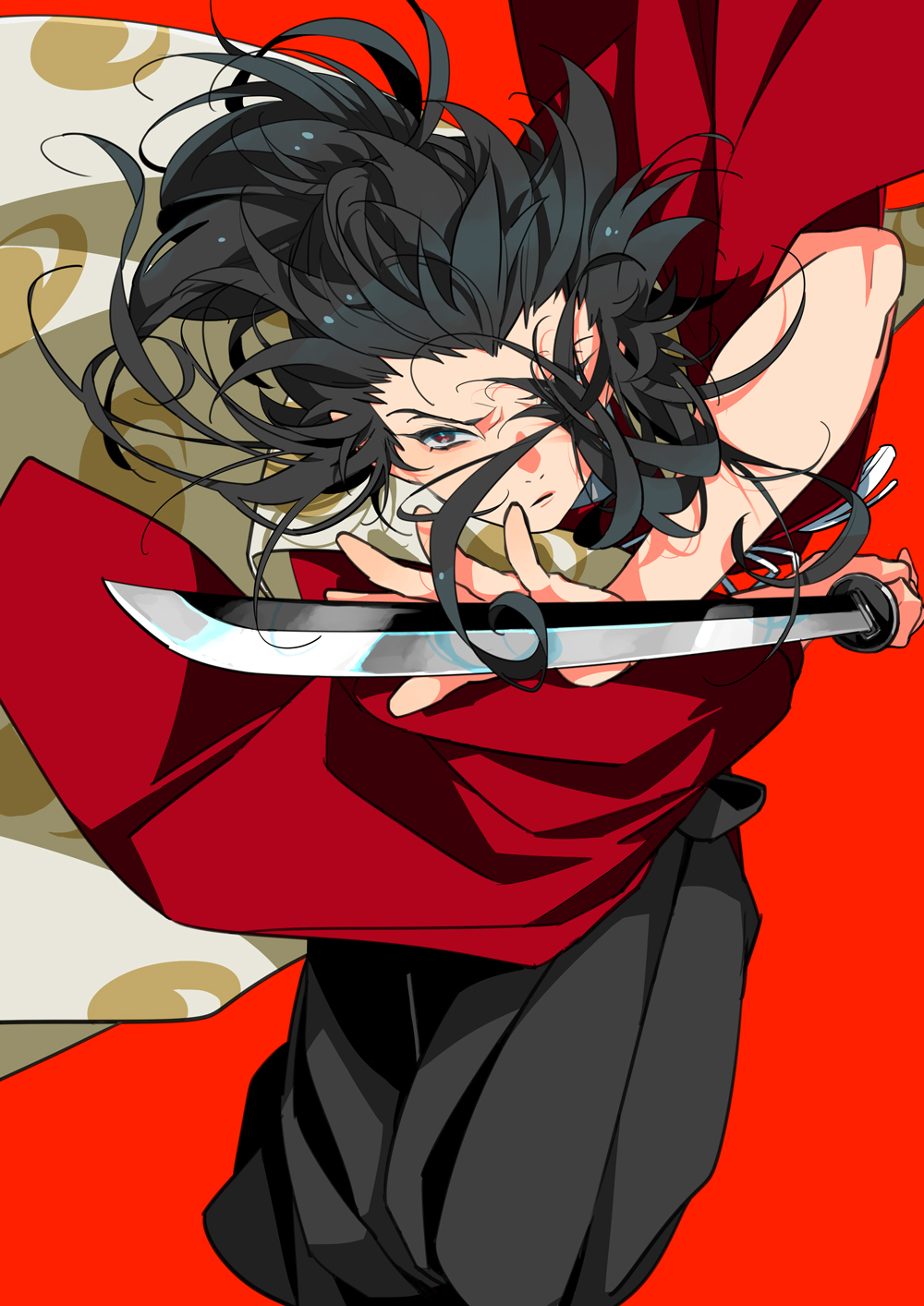 1boy black_eyes black_hair black_hakama commentary_request dororo_(tezuka) floating_hair guest_art hakama highres holding holding_sword holding_weapon japanese_clothes katana kimono kinako_(marubotan) long_hair looking_at_viewer male_focus red_background red_kimono simple_background solo sword tahoumaru weapon