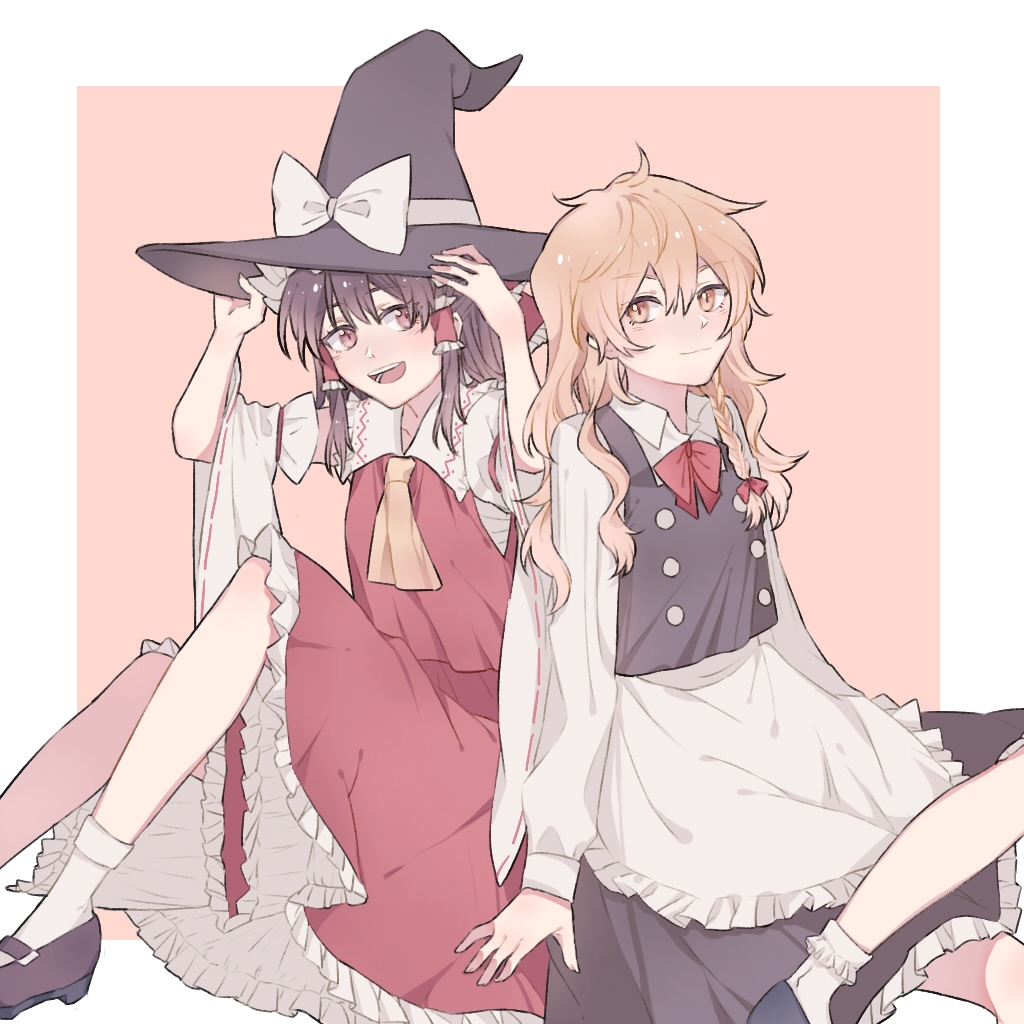 2girls apron ascot black_vest blonde_hair bow bowtie braid brown_eyes brown_hair chest_sarashi commentary detached_sleeves frilled_bow frilled_hair_tubes frills hair_bow hair_tubes hakurei_reimu hat hat_bow hitte5416 kirisame_marisa long_hair long_sleeves multiple_girls no_headwear open_mouth red_bow red_bowtie red_skirt ribbon-trimmed_sleeves ribbon_trim sarashi side_braid single_braid sitting skirt skirt_set smile touhou vest waist_apron white_apron witch_hat yellow_ascot yellow_eyes