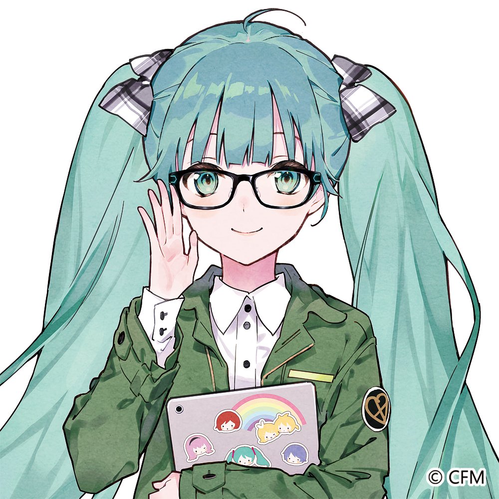 1girl adjusting_eyewear aqua_eyes aqua_hair bespectacled black-framed_eyewear bow breast_pocket buttoned_cuffs buttons closed_mouth collared_shirt commentary_request copyright_notice glasses green_jacket grey_bow hatsune_miku heart holding holding_tablet_pc horiizumi_inko jacket kagamine_len kagamine_rin kaito_(vocaloid) long_sleeves looking_at_viewer megurine_luka meiko_(vocaloid) multicolored_bow open_clothes open_jacket patch pocket rainbow rectangular_eyewear shirt shoulder_patch simple_background smile solo sticker straight-on tablet_pc twintails upper_body vocaloid white_background