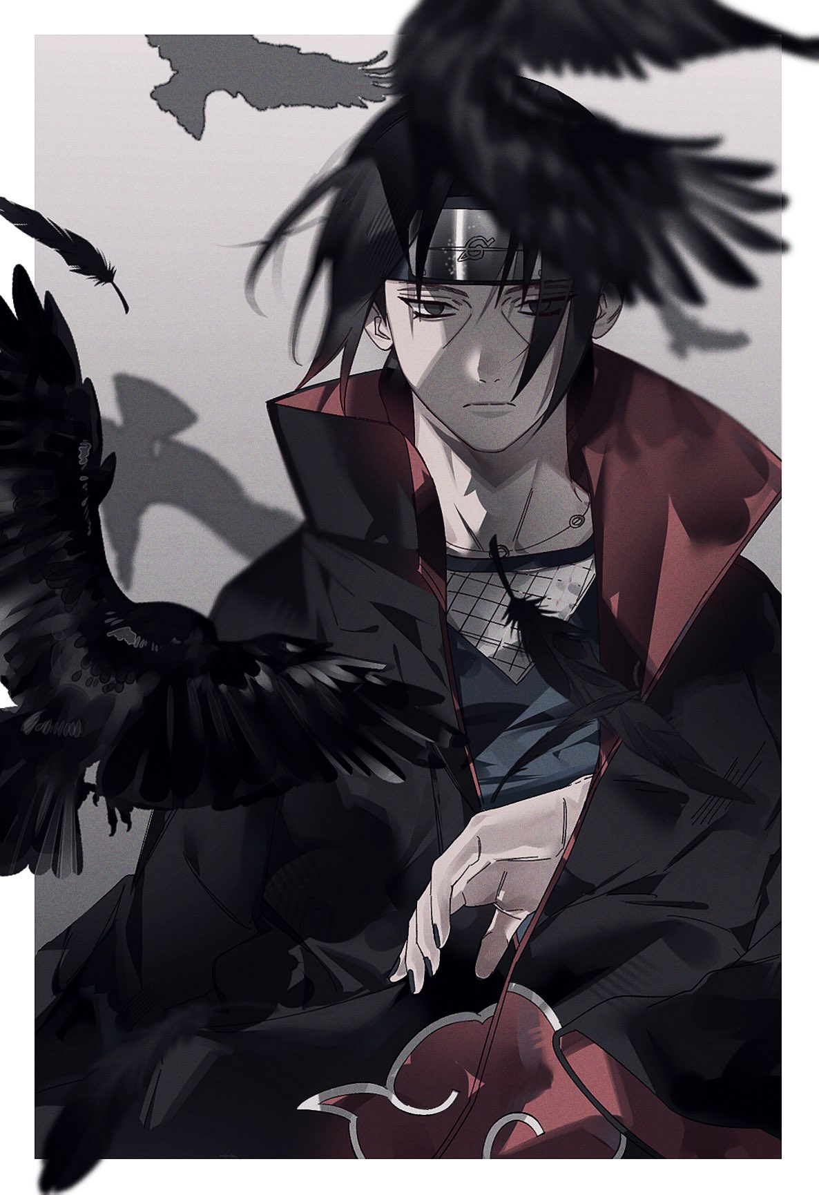 1boy bird black_hair black_jacket black_shirt border closed_mouth cloud_print crow empty_eyes facial_mark fishnet_top fishnets grey_background grey_eyes headband highres itachi3413 jacket jewelry male_focus naruto_(series) necklace parted_bangs red_jacket shirt short_hair solo two-sided_fabric two-sided_jacket uchiha_itachi upper_body white_border