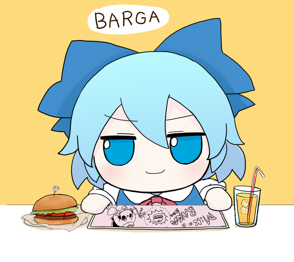 blue_bow blue_dress blue_eyes blue_hair bow burger chibi cirno collared_shirt dress drink english_text food fumo_(doll) hair_bow light_blush light_frown looking_at_viewer placemat rei_(tonbo0430) shirt short_hair simple_background smile solo table tagme touhou white_shirt