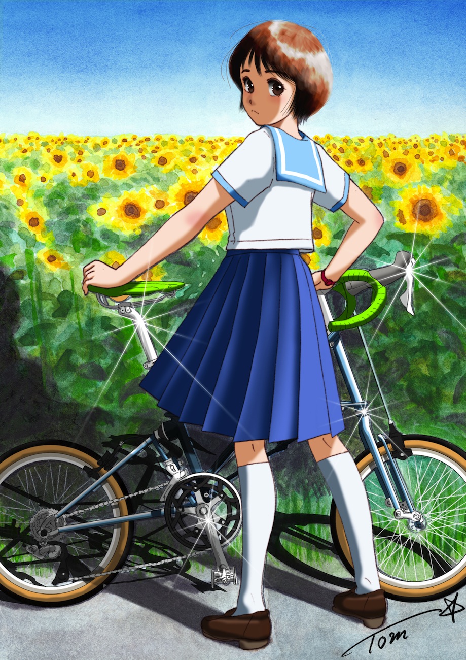 1girl bicycle blue_sailor_collar blue_skirt brown_eyes brown_footwear brown_hair chutohampa field flower flower_field from_behind full_body highres kneehighs loafers looking_at_viewer original outdoors pleated_skirt sailor_collar school_uniform serafuku shirt shoes short_hair signature skirt socks solo sparkle standing sunflower sunflower_field white_shirt white_socks