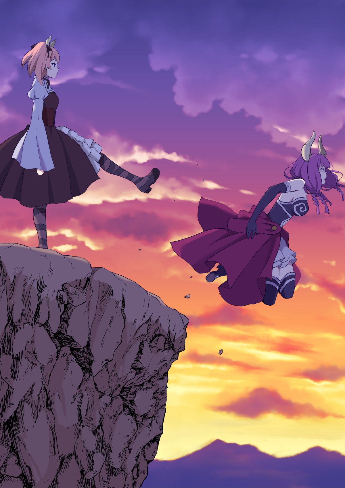 2girls aura_(sousou_no_frieren) aura_bullying_(meme) black_footwear braid brown_dress cliff clothing_cutout cloud cloudy_sky commentary demon_girl demon_horns dress dusk elbow_gloves falling from_side full_body gloves gradient_sky hair_ribbon highres horns kicking linie_(sousou_no_frieren) long_hair long_sleeves low-braided_long_hair low-tied_long_hair mary_janes meme mountainous_horizon multiple_braids multiple_girls navel_cutout pink_hair profile purple_hair purple_sky quad_braids ribbon shirt shoes sky sousou_no_frieren standing standing_on_one_leg symbol-only_commentary thigh_strap this_is_sparta twintails white_shirt yasehattagi yellow_sky