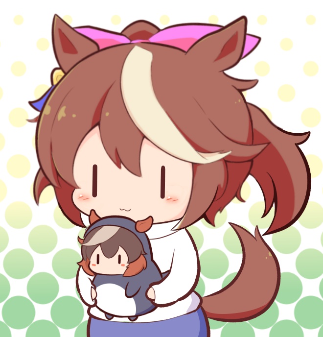 :3 animal_ears blue_skirt blush_stickers brown_hair chibi closed_mouth gomashio_(goma_feet) hair_between_eyes hair_ribbon halftone halftone_background holding hood hood_down hoodie horse_ears horse_girl horse_tail multicolored_hair pink_ribbon ponytail ribbon skirt streaked_hair symboli_rudolf_(umamusume) tail tokai_teio_(umamusume) umamusume white_background white_hair white_hoodie |_|