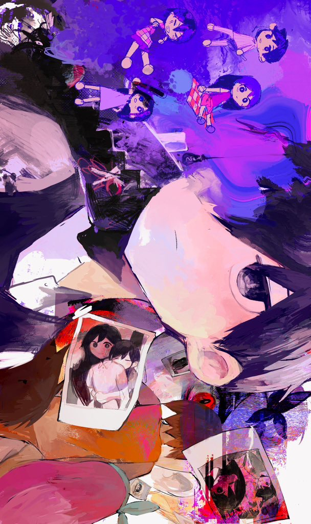 abstract_background aqua_hairband arm_behind_back aubrey_(faraway)_(omori) aubrey_(headspace)_(omori) aubrey_(omori) bare_arms bare_shoulders barefoot black_eyes black_sweater_vest bright_pupils brown_hair checkered_clothes checkered_shirt chibi closed_mouth collared_shirt expressionless hair_behind_ear hairband hero_(headspace)_(omori) hero_(omori) kel_(faraway)_(omori) kel_(headspace)_(omori) kel_(omori) long_hair long_sleeves looking_at_viewer looking_up mari_(faraway)_(omori) mari_(headspace)_(omori) mari_(omori) no_pupils omori orange_tank_top photo_(object) pink_hair pinosan purple_background purple_eyes purple_hair purple_shorts shirt short_hair short_sleeves shorts sideways smile solo_focus spoilers sunny_(omori) sweater_vest tank_top upper_body white_background white_pupils white_shirt