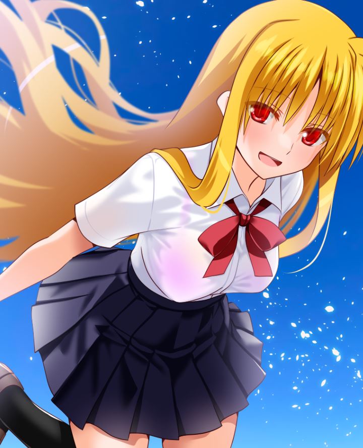 1girl blonde_hair blue_background blush bra bra_visible_through_clothes breasts engo_(aquawatery) fate_testarossa large_breasts long_hair looking_at_viewer lyrical_nanoha mahou_shoujo_lyrical_nanoha_strikers open_mouth pink_bra red_eyes school_uniform see-through shirt simple_background smile solo underwear white_shirt