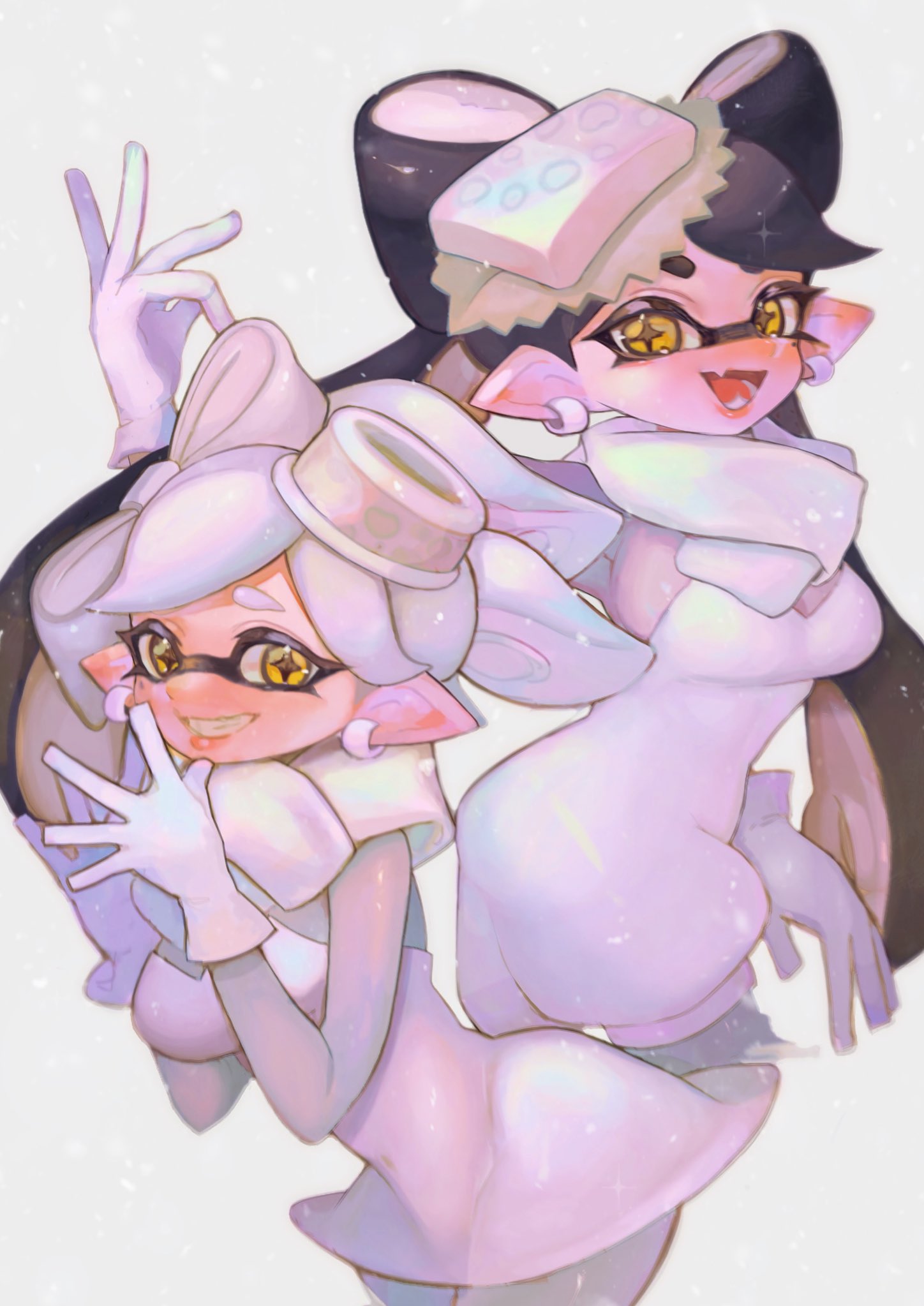 2girls :d arm_at_side arm_up black_hair blush bow-shaped_hair breasts callie_(splatoon) commentary_request cousins d_msy8 dress earrings fang fangs gloves grey_hair grin hands_up highres hoop_earrings inkling jewelry jumpsuit long_hair looking_at_viewer marie_(splatoon) medium_breasts mole mole_under_eye multiple_girls official_alternate_costume open_mouth pantyhose pointy_ears scarf short_hair short_jumpsuit skin_fang smile splatoon_(series) splatoon_3 star-shaped_pupils star_(symbol) strapless strapless_dress suction_cups swept_bangs symbol-shaped_pupils tentacle_hair twintails white_background white_dress white_gloves white_jumpsuit white_pantyhose white_scarf yellow_eyes