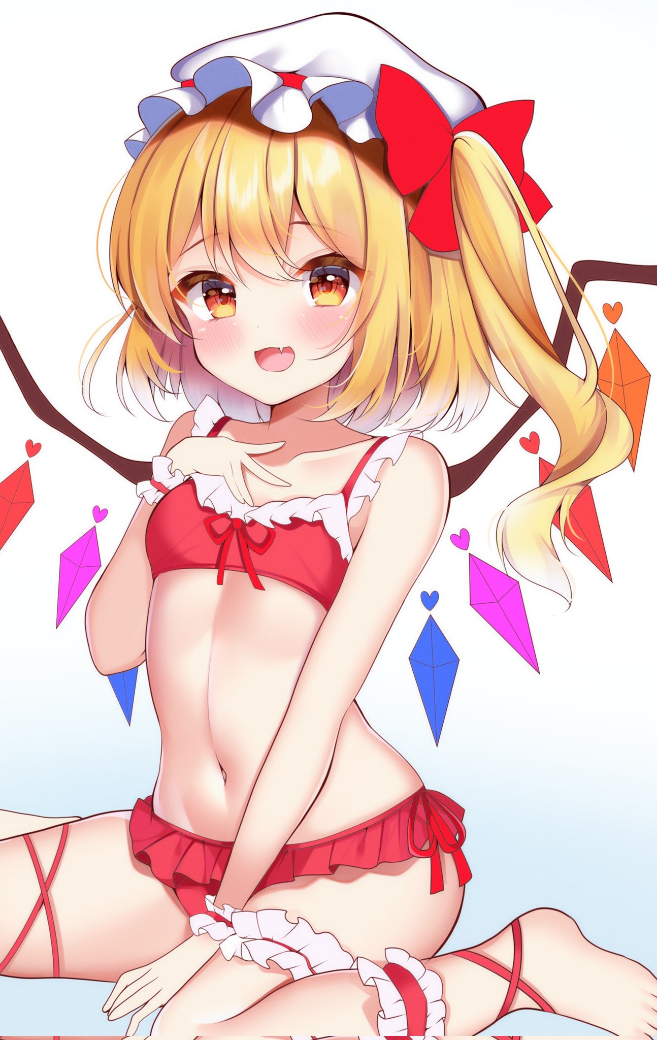 1girl :d bare_arms barefoot between_legs bikini blonde_hair blush bow bridal_garter collarbone colored_eyelashes commentary_request corrupted_twitter_file crystal fang flandre_scarlet flat_chest frilled_bikini frilled_wrist_cuffs frills gradient_background hair_between_eyes hair_bow hand_between_legs hand_on_own_chest hand_up happy hat heart highres leg_ribbon light_blue_background looking_at_viewer medium_hair midriff mob_cap navel open_mouth orange_eyes red_bikini red_bow red_ribbon ribbon shirotsuki_shirone side_ponytail simple_background sitting skin_fang smile solo stomach swimsuit touhou tsurime wariza white_background white_hat wings wrist_cuffs