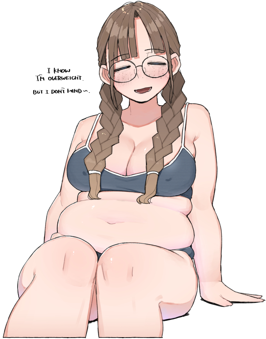 1girl arm_support bikini blunt_bangs blush braid breasts brown_hair cleavage closed_eyes collarbone commentary covered_nipples english_text facing_viewer feet_out_of_frame glasses grey_bikini head_tilt jimiko large_breasts long_hair navel ohasi open_mouth original plump simple_background sitting solo swimsuit symbol-only_commentary thick_thighs thighs twin_braids white_background