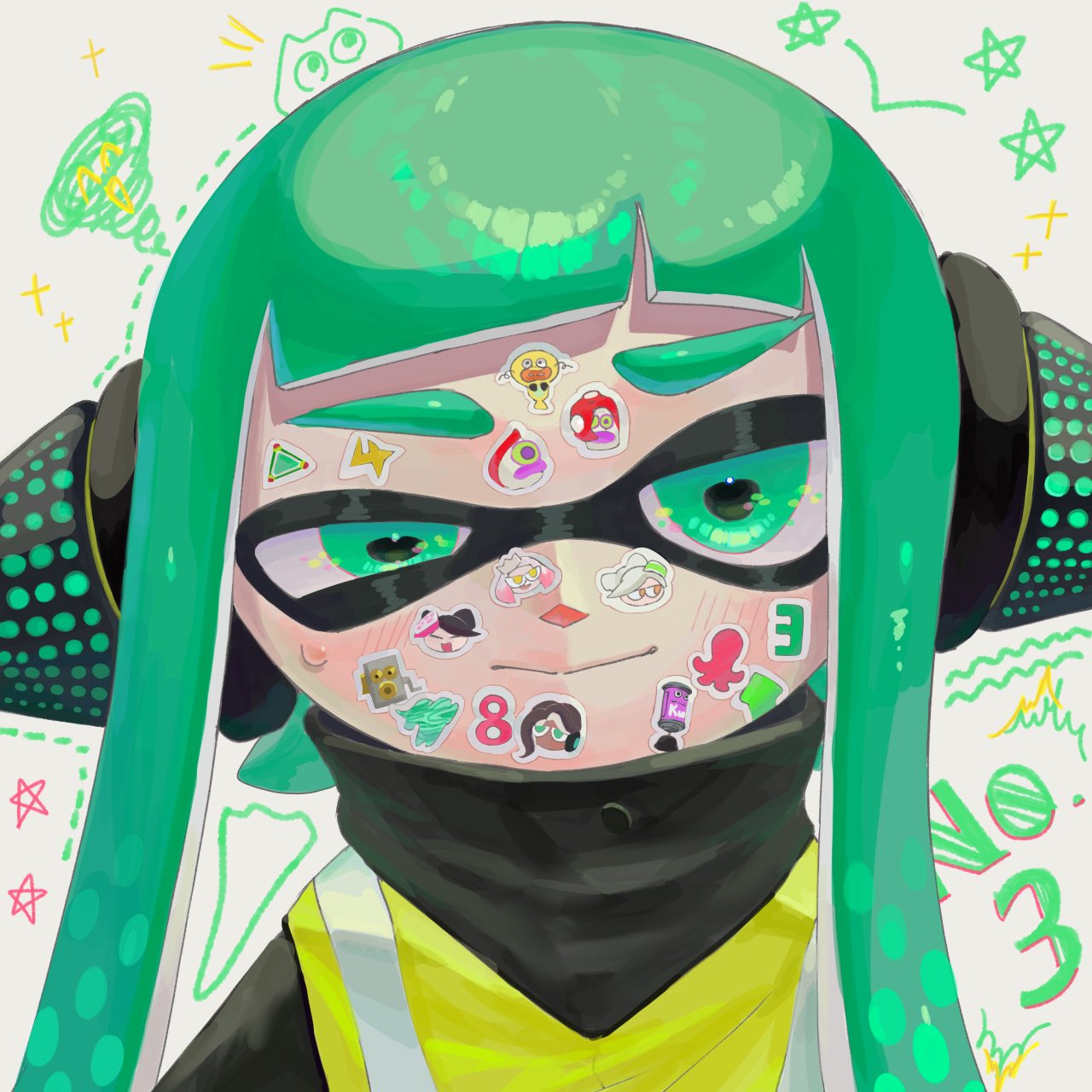 1girl agent_3_(splatoon) black_shirt blunt_bangs blush callie_(splatoon) character_name character_sticker closed_mouth commander_tartar green_eyes green_hair half-closed_eye headphones high-visibility_vest highres kurutot1 long_hair looking_at_viewer marie_(splatoon) marina_(splatoon) notice_lines octoball octotrooper pearl_(splatoon) portrait scribble shirt solo sparkle splat_bomb_(splatoon) splatoon_(series) splatoon_2 splatoon_2:_octo_expansion star_(symbol) sticker_on_face suction_bomb_(splatoon) sweat tentacle_hair thick_eyebrows twintails white_background zapfish