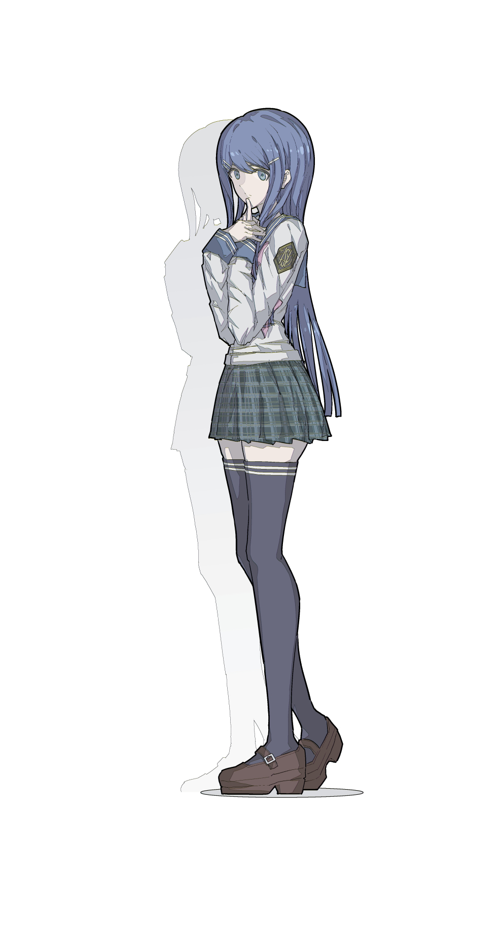 1girl black_skirt black_thighhighs blue_eyes brown_footwear danganronpa:_trigger_happy_havoc danganronpa_(series) dialectic from_side full_body grey_background grey_shirt hair_ornament hairclip hands_up highres long_hair long_sleeves looking_at_viewer maizono_sayaka plaid plaid_skirt pleated_skirt school_uniform shirt simple_background skirt solo standing thighhighs zettai_ryouiki