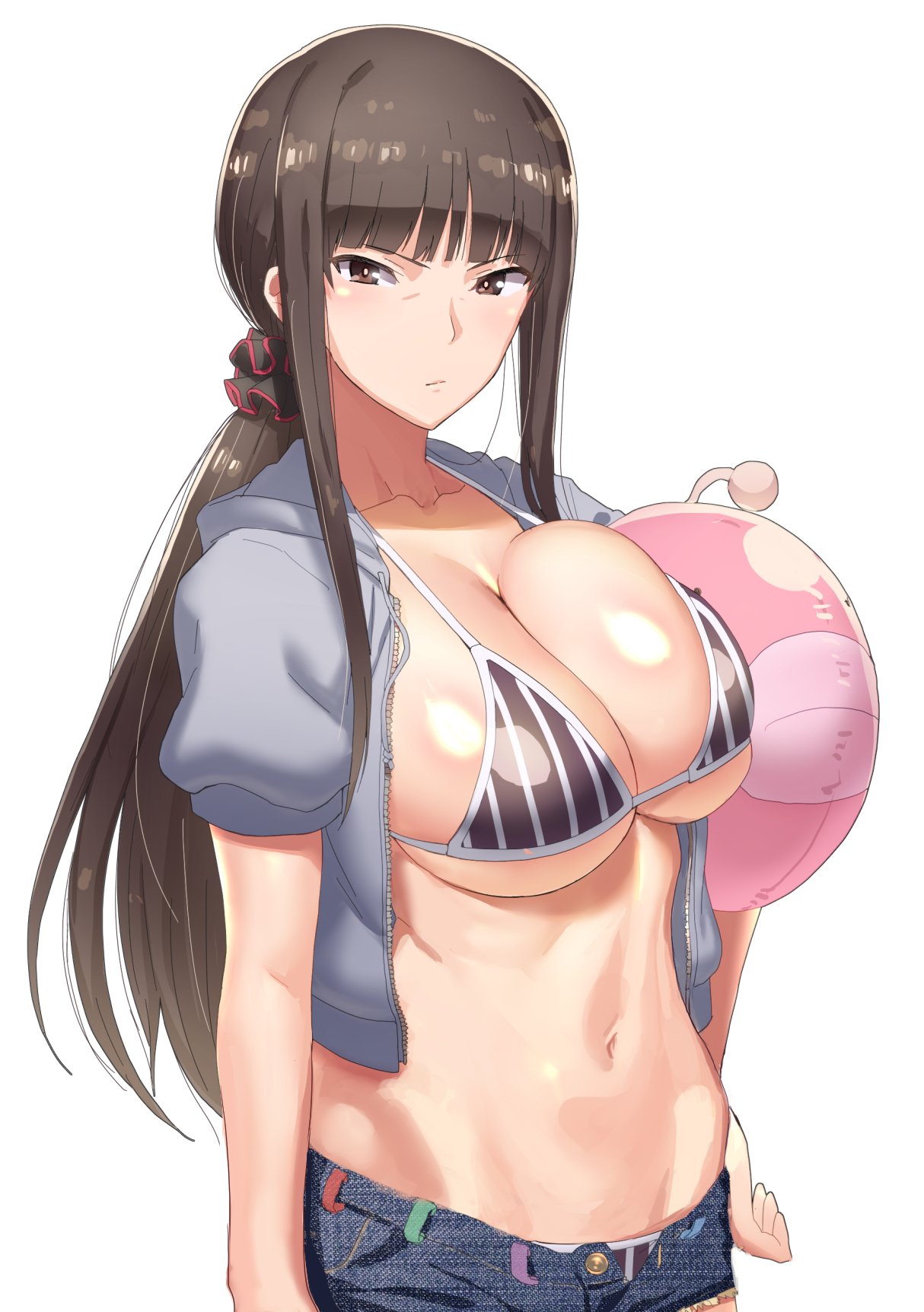 1girl anglerfish ball bikini blush breasts brown_eyes brown_hair cleavage collarbone commentary_request fish frown girls_und_panzer groin hair_ornament hair_scrunchie highres hood hoodie inflatable_toy large_breasts long_hair mature_female navel nishizumi_shiho open_clothes open_hoodie ponytail scrunchie shiny_skin short_shorts shorts sideboob simple_background solo straight_hair striped_bikini striped_clothes swimsuit tenchisouha toned unbuttoned underboob white_background