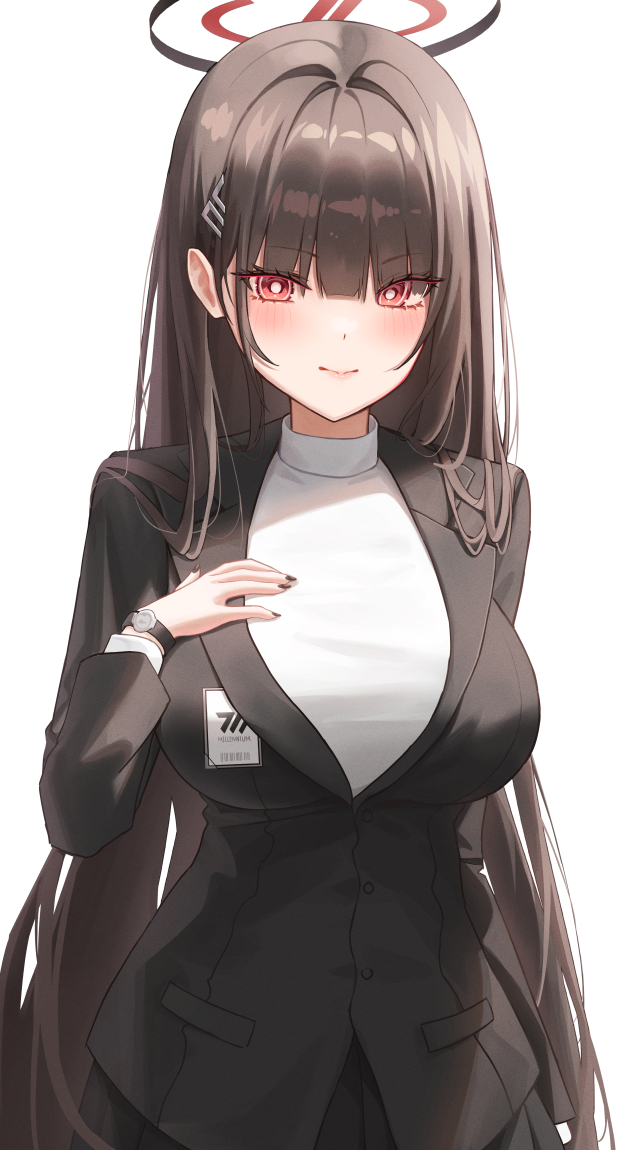 1girl black_hair black_jacket black_nails black_skirt blue_archive hair_between_eyes hair_intakes hair_ornament hairclip halo hand_on_own_chest jacket melt_(melt_out1) name_tag red_eyes rio_(blue_archive) skirt watch wristwatch